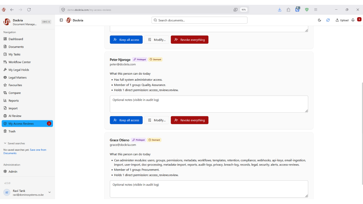 Access Reviews & Certification, Dockria EDMS interface screenshot