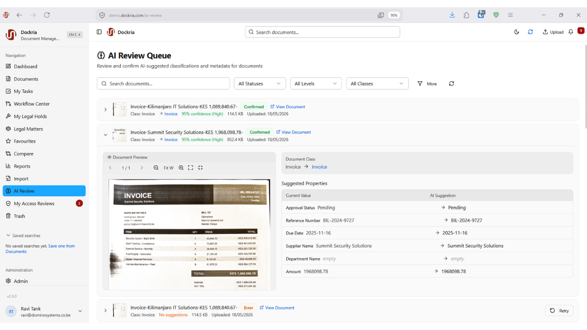 AI-Powered Metadata Extraction, Dockria EDMS interface screenshot