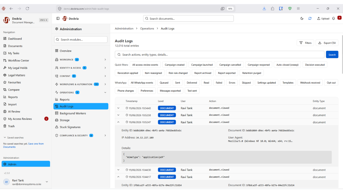 Complete Audit Trail, Dockria EDMS interface screenshot