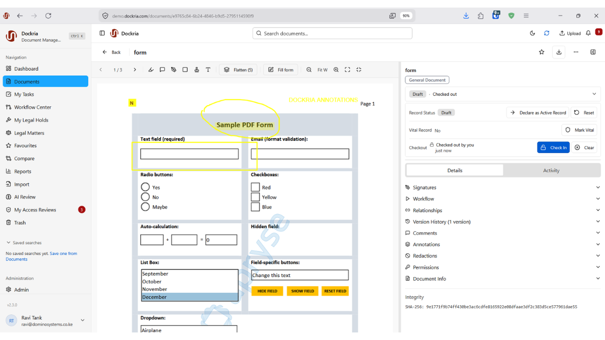 Check-out & Check-in, Dockria EDMS interface screenshot
