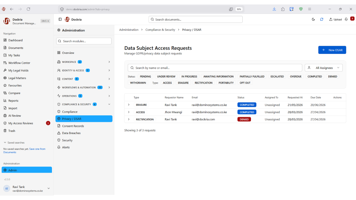 25+ Compliance Frameworks, Dockria EDMS interface screenshot