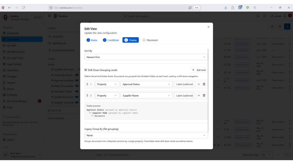 Custom Views & Saved Searches, Dockria EDMS interface screenshot