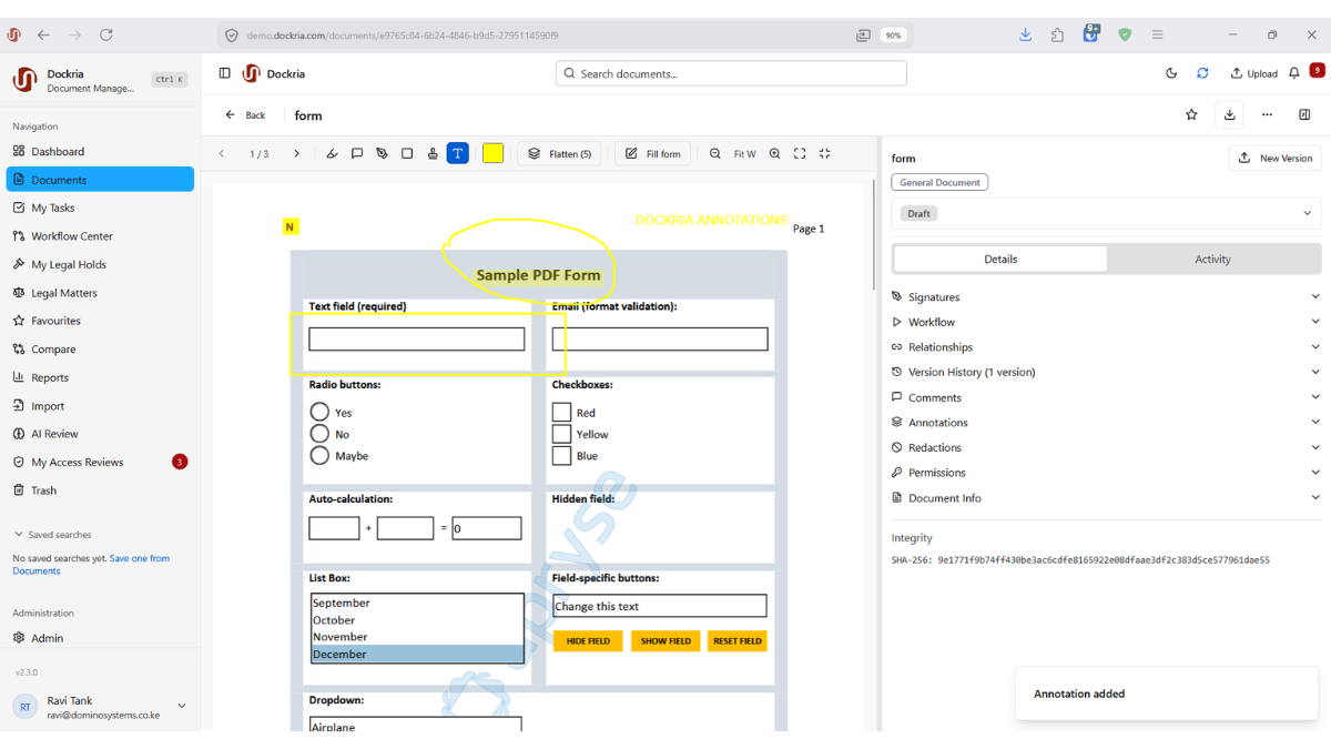 Document Annotations, Dockria EDMS interface screenshot