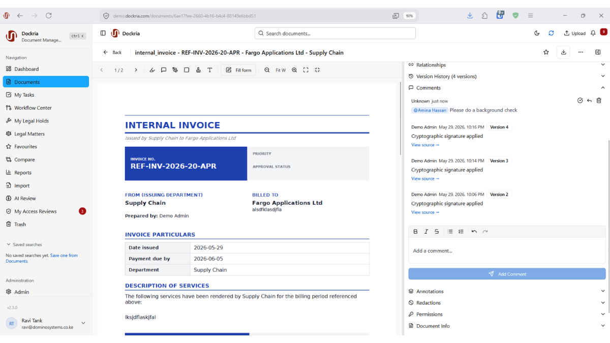 Document Collaboration & Comments, Dockria EDMS interface screenshot