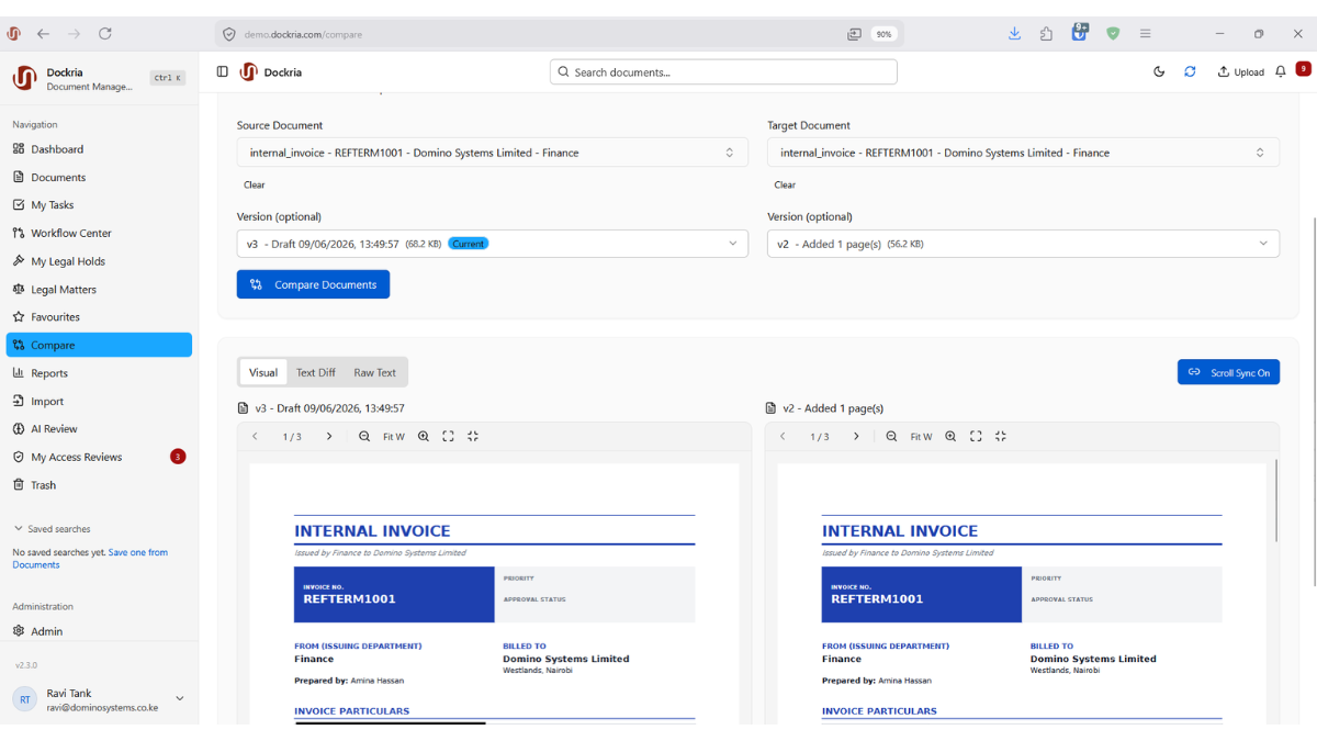 Document Comparison, Dockria EDMS interface screenshot