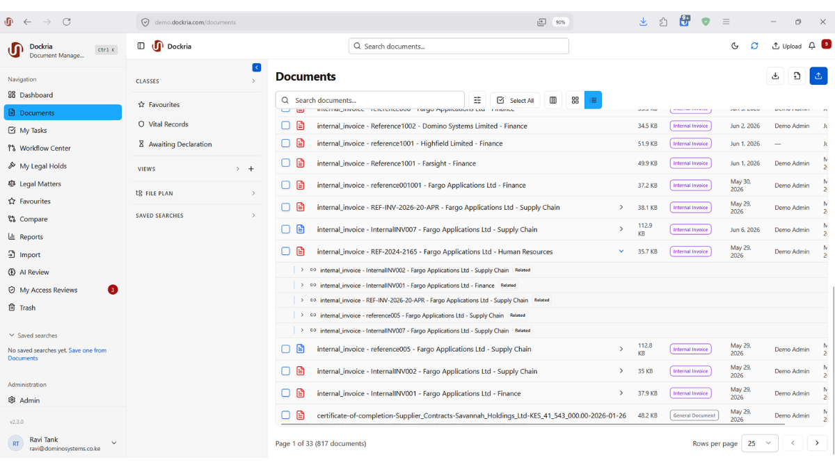 Document Relationships, Dockria EDMS interface screenshot