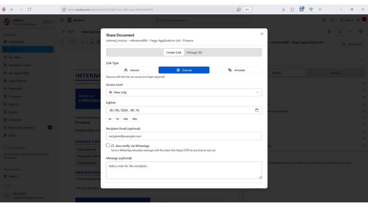 Secure Document Sharing, Dockria EDMS interface screenshot