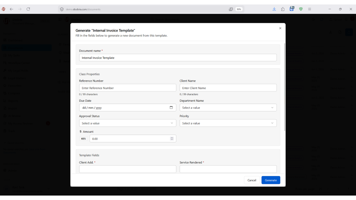 Document Templates, Dockria EDMS interface screenshot