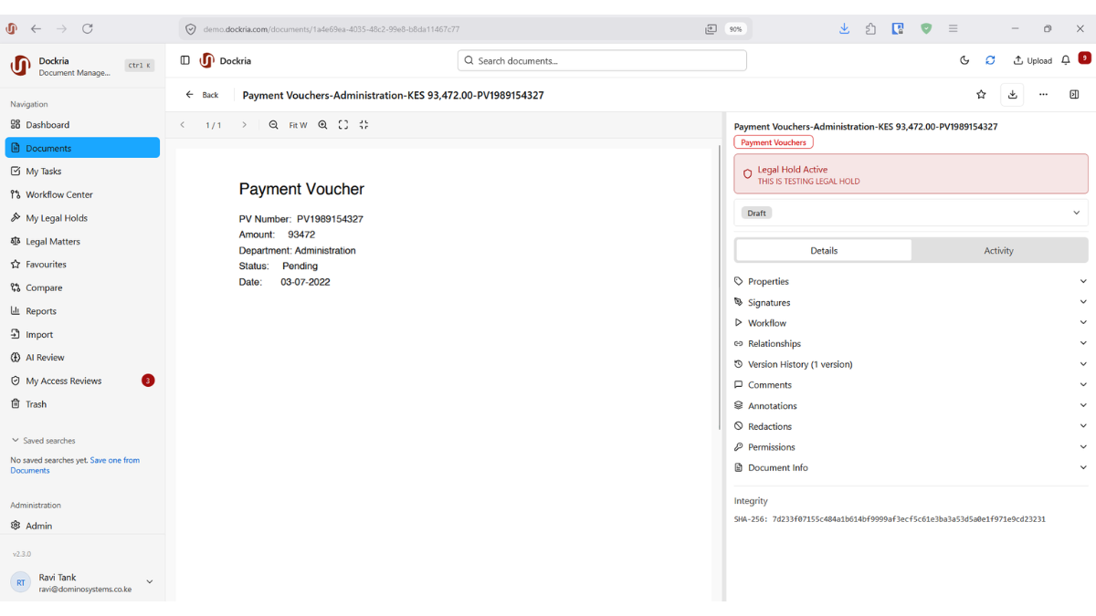 eDiscovery & Legal Holds, Dockria EDMS interface screenshot