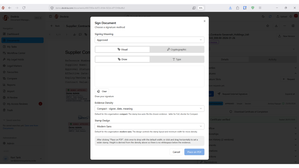 Electronic Signatures, Dockria EDMS interface screenshot