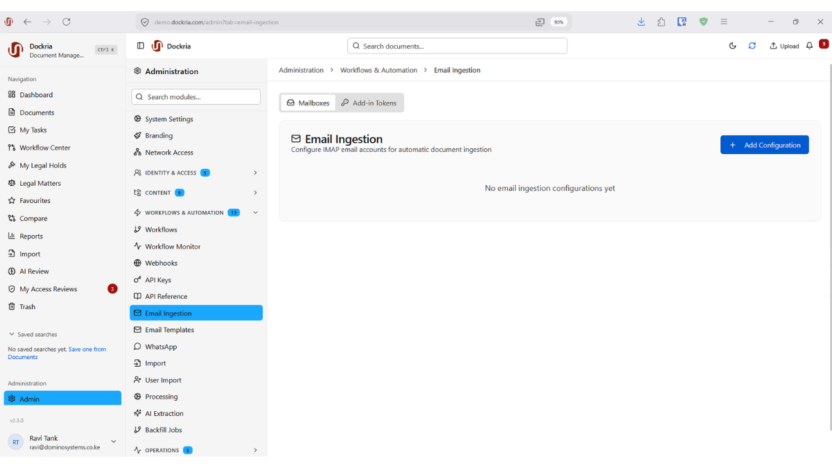 Email & Hot Folder Ingestion, Dockria EDMS interface screenshot