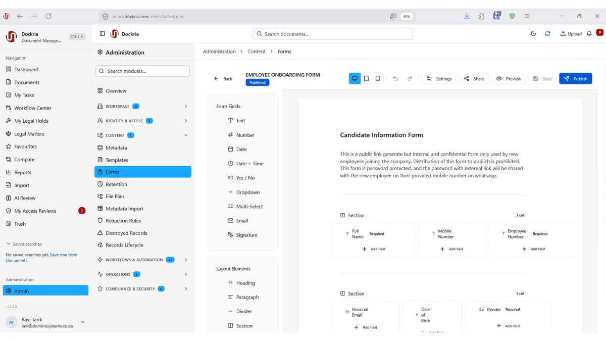External Forms, Dockria EDMS interface screenshot
