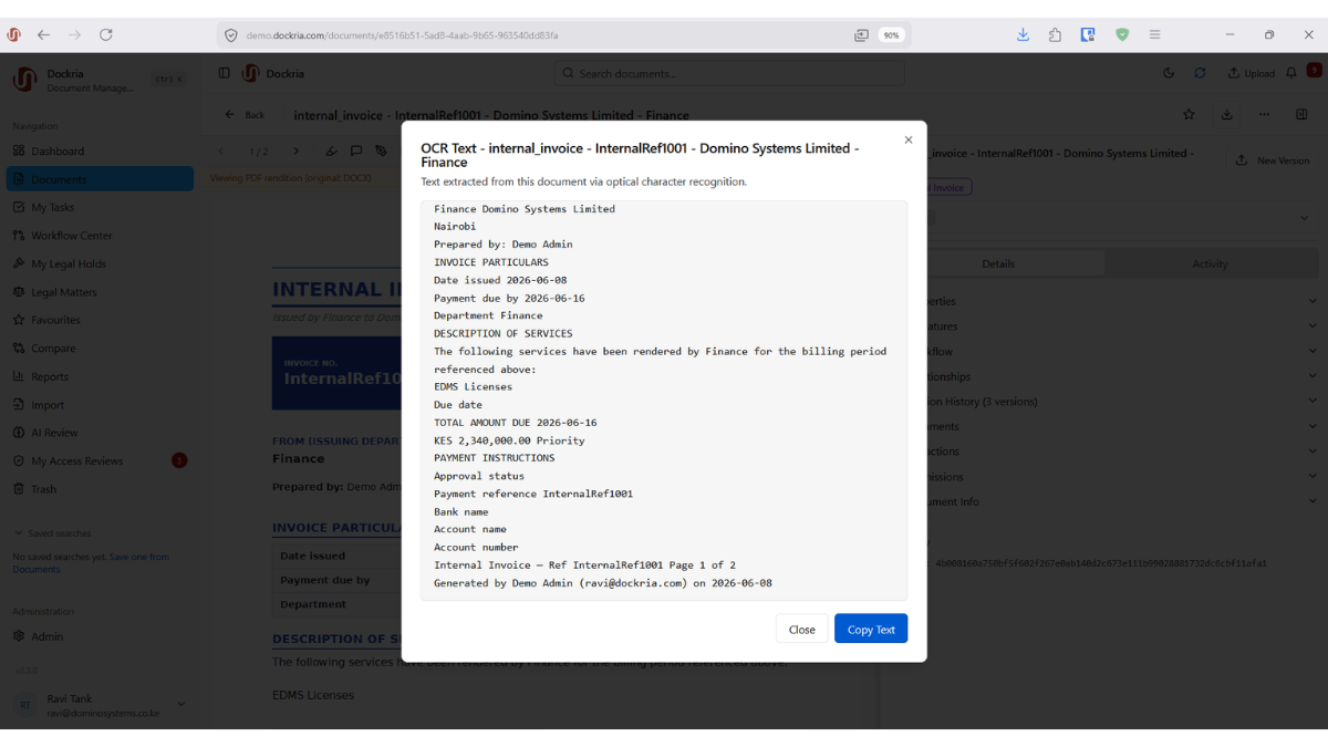 Powerful Full-Text Search, Dockria EDMS interface screenshot