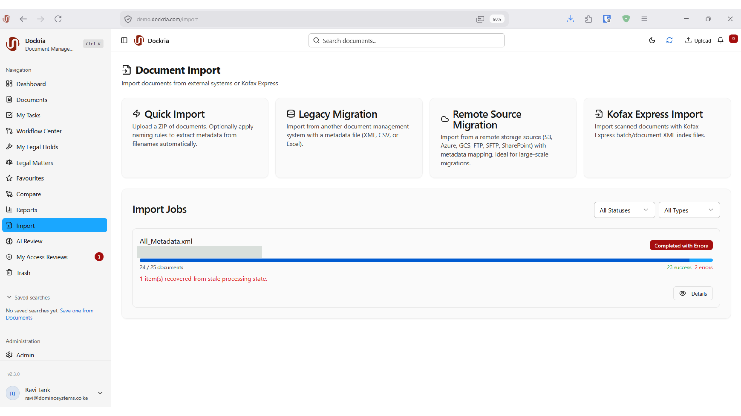 Legacy System Migration, Dockria EDMS interface screenshot