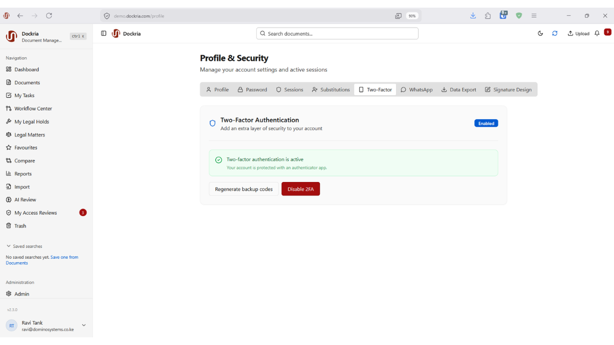 Multi-Factor Authentication, Dockria EDMS interface screenshot
