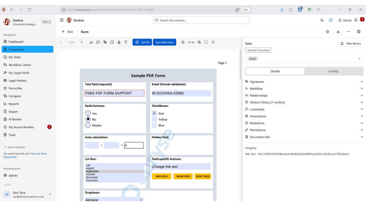 PDF Operations, Dockria EDMS interface screenshot