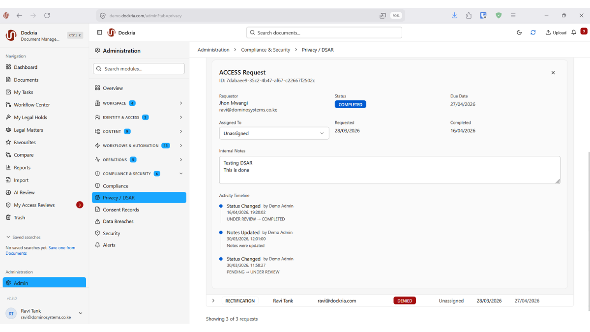 Privacy Management, Dockria EDMS interface screenshot