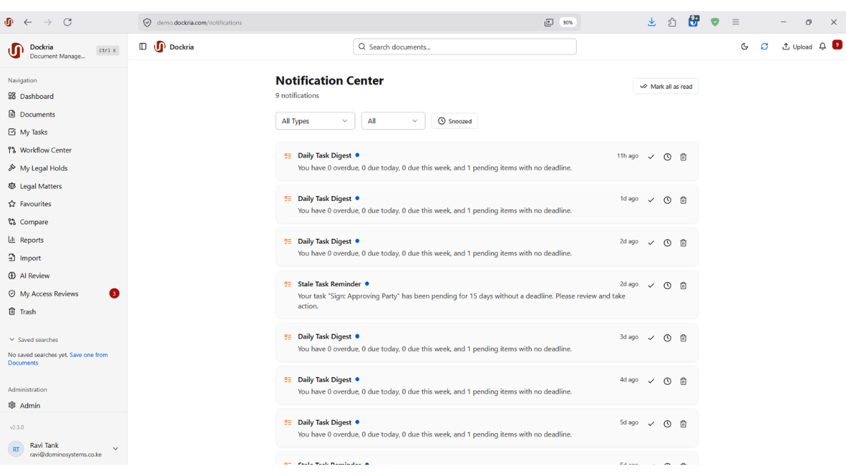 Real-Time Notifications, Dockria EDMS interface screenshot