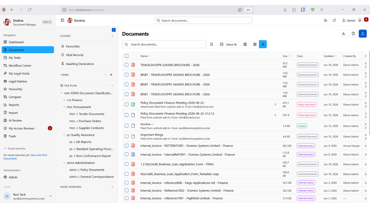 Records Management, Dockria EDMS interface screenshot