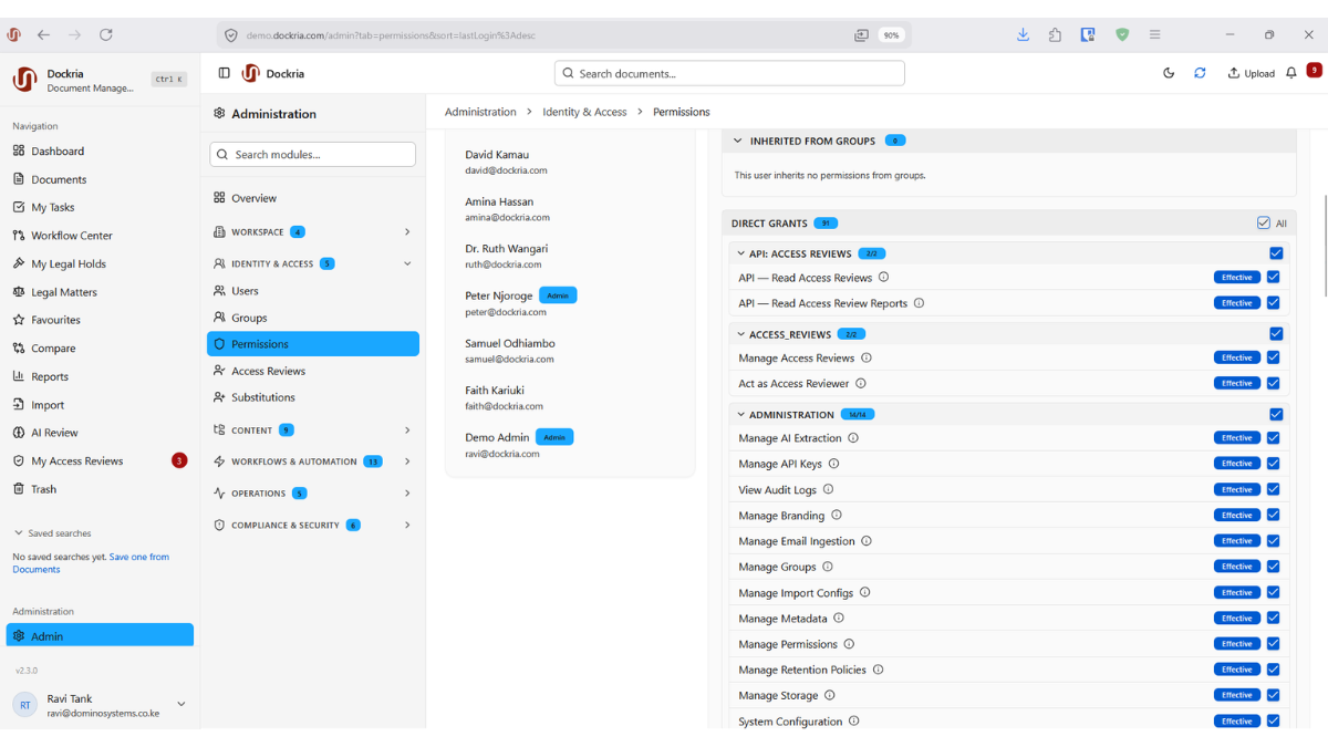 Granular Role-Based Access, Dockria EDMS interface screenshot