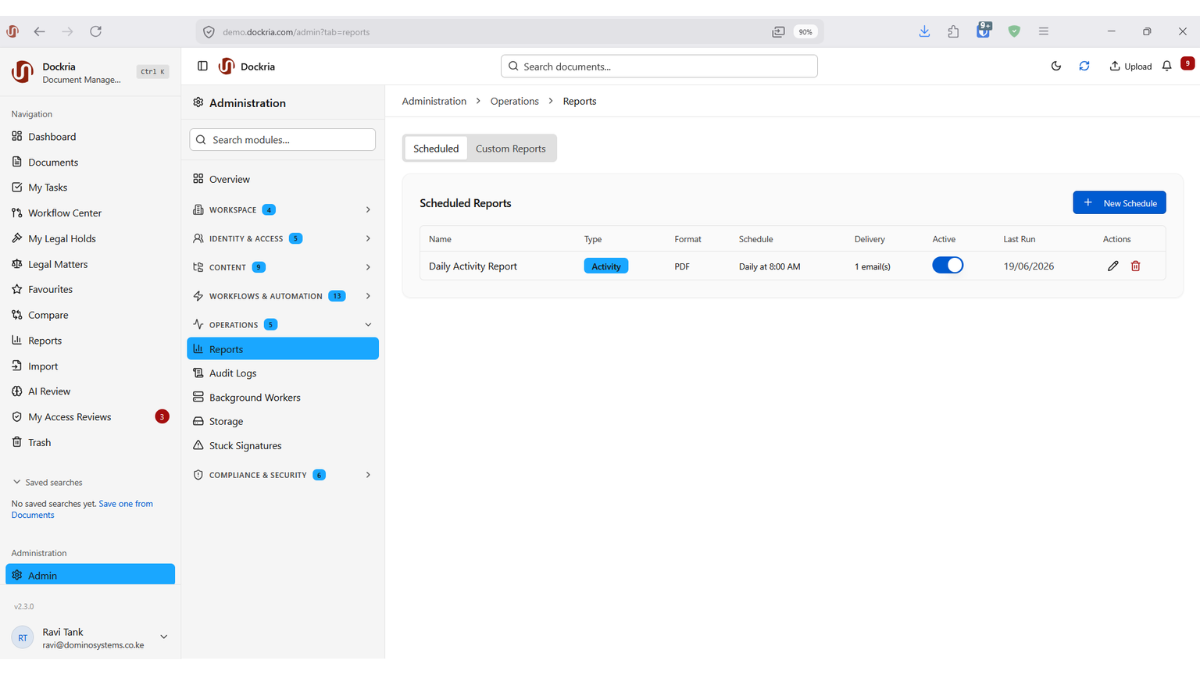 Scheduled Reports, Dockria EDMS interface screenshot