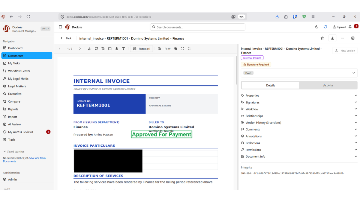 Secure Encrypted Storage, Dockria EDMS interface screenshot