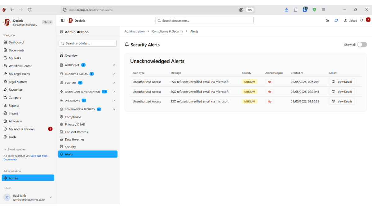 Security Monitoring & Alerts, Dockria EDMS interface screenshot