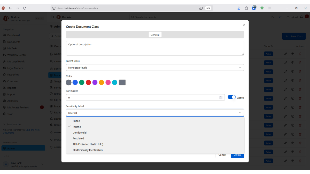 PHI & PII Sensitivity Labels, Dockria EDMS interface screenshot