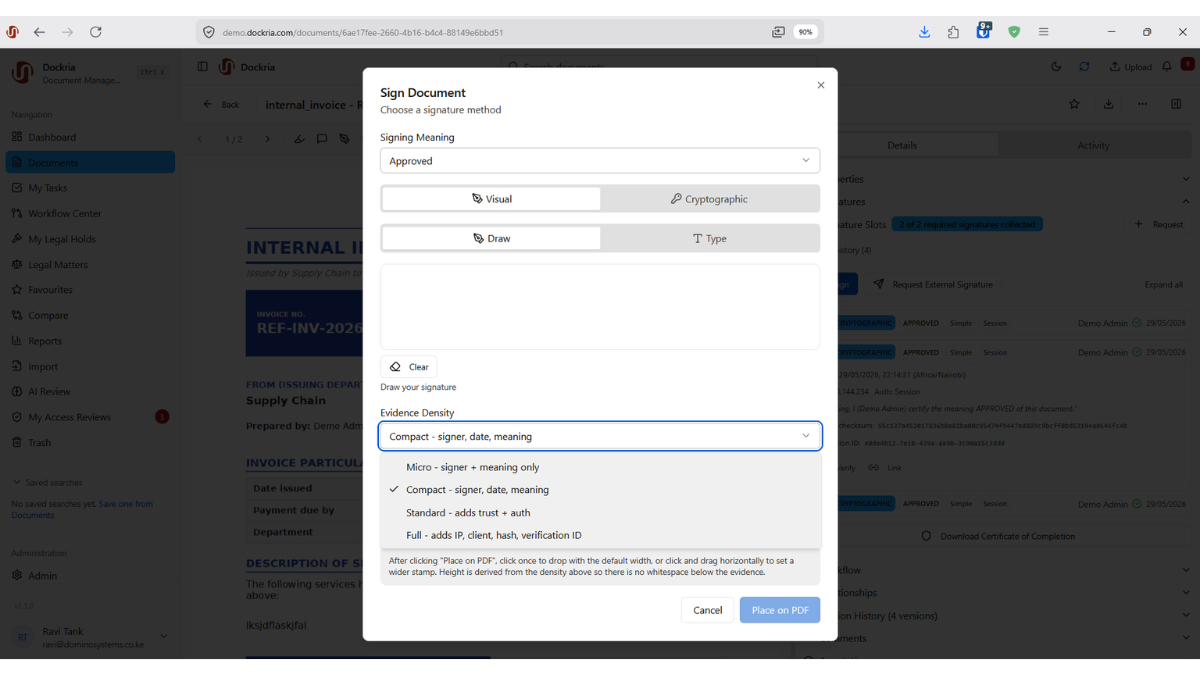 Signature Trust Levels & Evidence, Dockria EDMS interface screenshot