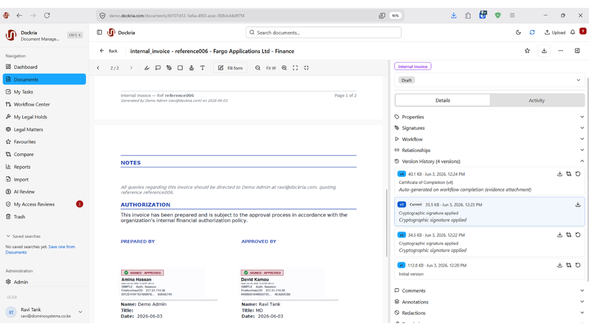 Version Control & Checkout, Dockria EDMS interface screenshot