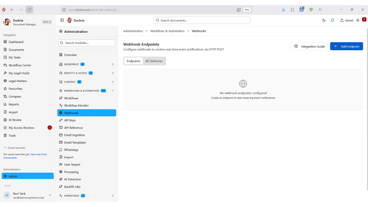 Webhooks & API Integration, Dockria EDMS interface screenshot