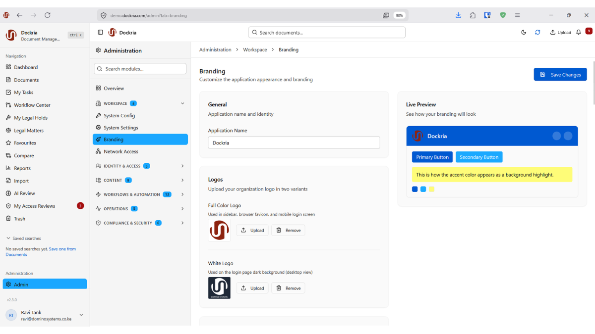 White-Label Branding, Dockria EDMS interface screenshot