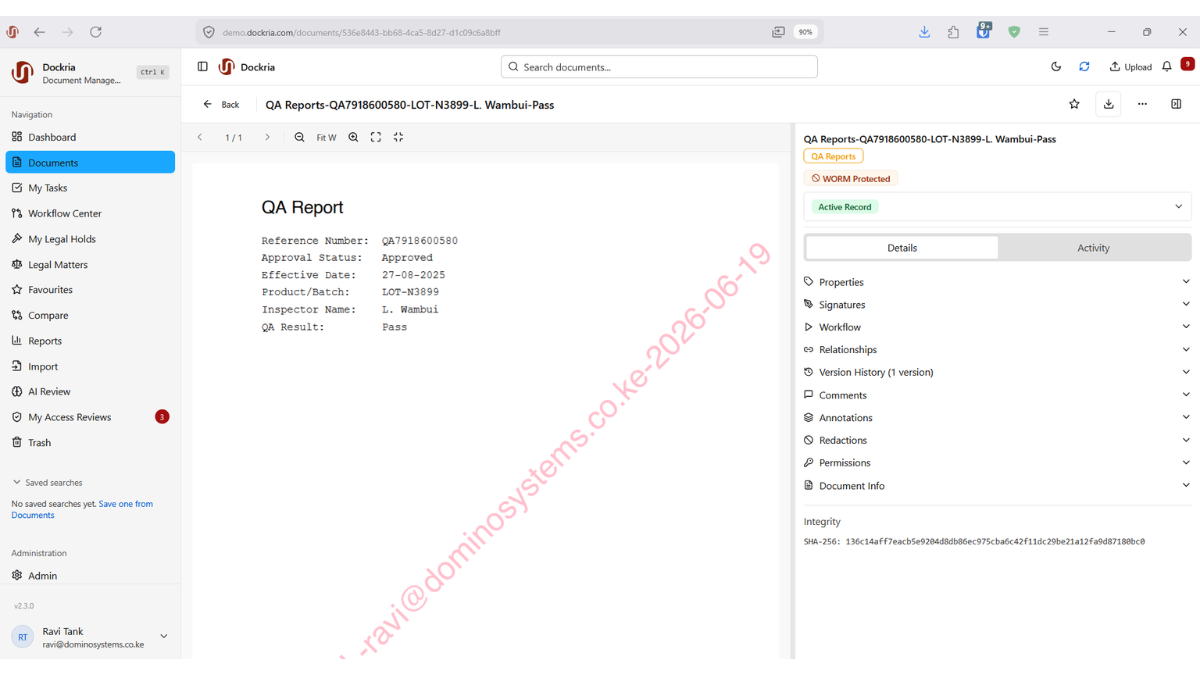 WORM Protection (Immutable Records), Dockria EDMS interface screenshot
